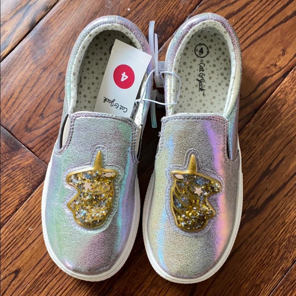 Girls silver/gold iridescent slip on shoes